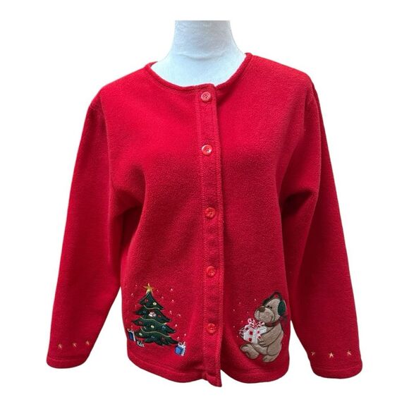 CB Casual‎ Red Fleece Holiday Christmas Appliqué Button Front Cardigan Size PM - Picture 1 of 11